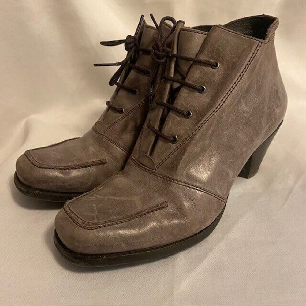 Fidji Womens 9 Leather Lace Up Cone Heel Ankle Boots Gray Taupe Victorian Granny